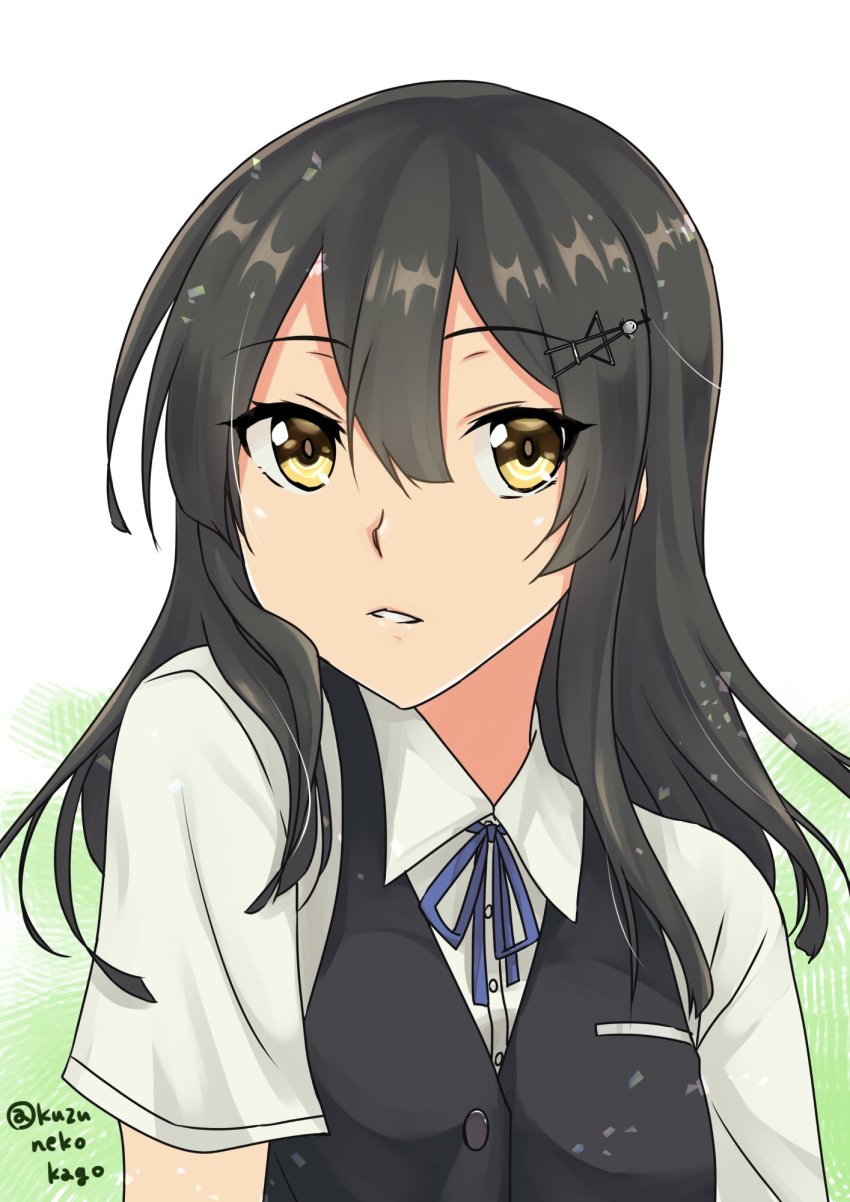 1girl black_hair black_vest blue_ribbon dress_shirt gradient_background green_background hair_ornament hairclip highres kantai_collection looking_at_viewer neck_ribbon oyashio_(kancolle) parted_lips ribbon school_uniform shirt shizukuneko short_sleeves solo upper_body vest white_background white_shirt yellow_eyes