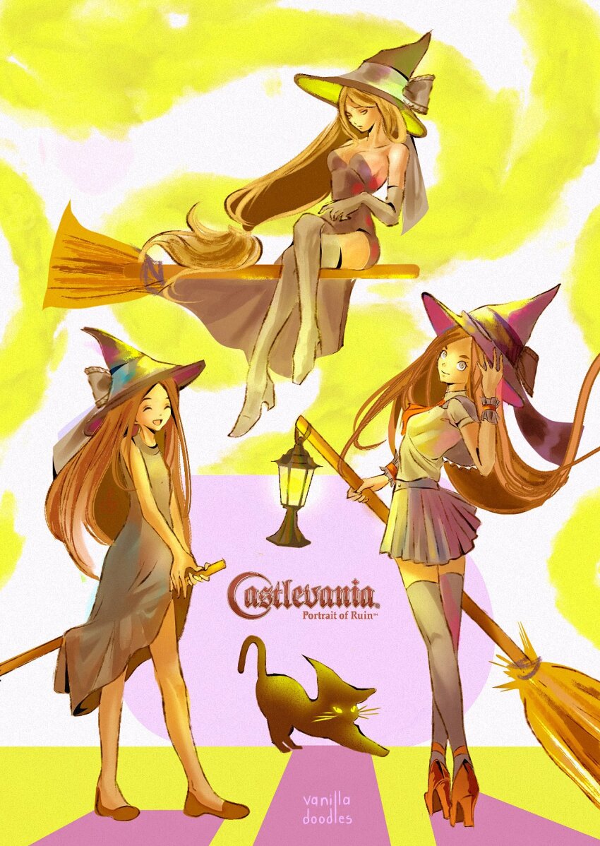 3girls artist_name black_cat blue_eyes blue_skirt blue_thighhighs broom broom_riding brown_hair castlevania:_portrait_of_ruin castlevania_(series) cat charlotte_aulin closed_eyes copyright_name crossed_legs dress elbow_gloves gloves hat highres lamp long_hair multiple_girls skirt smile student_witch thighhighs vanilladoodls witch_(castlevania) witch_hat