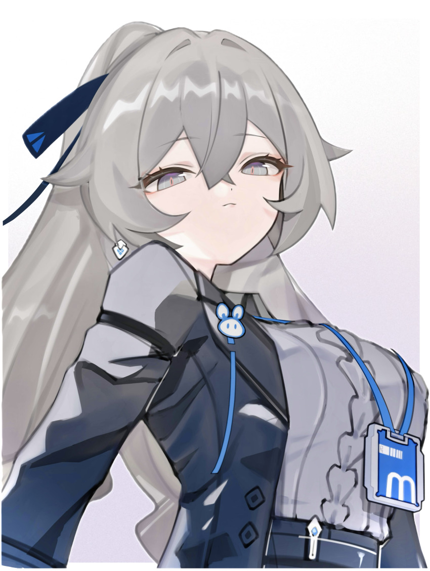 1girl absurdres black_jacket breasts bronya_zaychik bronya_zaychik_(outstanding_attitude) bronya_zaychik_(silverwing:_n-ex) closed_mouth commentary earrings error1980 grey_eyes grey_hair grey_shirt hair_between_eyes highres honkai_(series) honkai_impact_3rd id_card jacket jewelry lanyard large_breasts long_hair looking_at_viewer official_alternate_costume open_clothes open_jacket ribbed_shirt shirt solo
