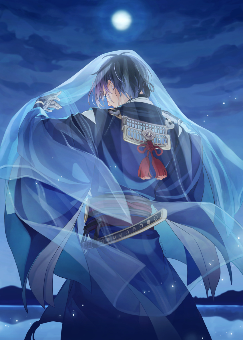 1boy armor black_gloves black_hair blue_eyes blue_hair blue_theme cloud commentary_request from_behind full_moon gloves hair_between_eyes highres japanese_armor japanese_clothes light_particles male_focus mikazuki_munechika moon night night_sky outdoors sayagata scabbard see-through_clothes see-through_veil sheath short_hair sky solo standing suzuneko-rin tassel touken_ranbu veil