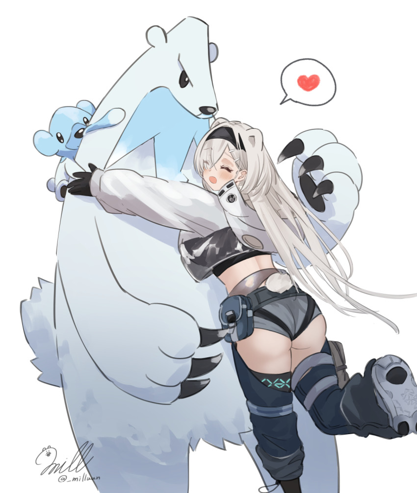 1girl :o ^_^ animal_ears arknights ass aurora_(arknights) bear_ears bear_tail beartic black_gloves black_hairband black_shirt chaps closed_eyes commentary_request crop_top cropped_jacket cubchoo foot_out_of_frame gen_5_pokemon gloves grey_shorts hair_over_one_eye hairband heart highres hug infection_monitor_(arknights) jacket midriff milluun navel nintendo open_mouth pokemon pokemon_(creature) see-through_clothes shirt short_shorts shorts simple_background spoken_heart standing standing_on_one_leg stomach tail underbutt white_background white_hair white_jacket