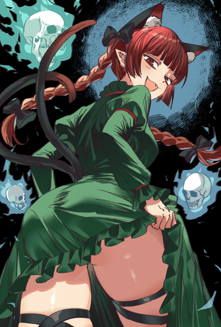 1girl :d animal_ear_fluff animal_ears ass black_bow bow braid cat_ears cat_tail commentary dress floating_skull from_behind green_dress grey_nagato hair_bow highres juliet_sleeves kaenbyou_rin long_hair long_sleeves looking_at_viewer multiple_tails open_mouth pointy_ears puffy_sleeves red_eyes skindentation smile solo symbol-only_commentary tail thigh_strap touhou twin_braids two_tails