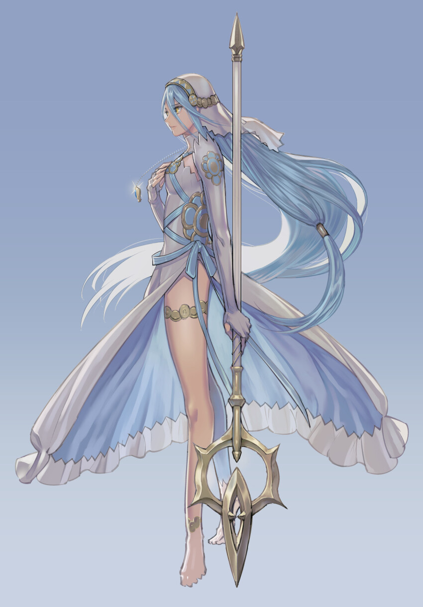 1girl amao_miyuki azura_(fire_emblem) barefoot blue_background blue_hair breasts clothes_lift detached_sleeves double-parted_bangs dress dress_lift elbow_gloves fire_emblem fire_emblem_fates floating_hair from_side full_body gloves gradient_background hair_between_eyes highres holding holding_polearm holding_weapon long_hair nintendo polearm simple_background small_breasts solo spear thighs veil very_long_hair weapon white_dress white_hair yellow_eyes