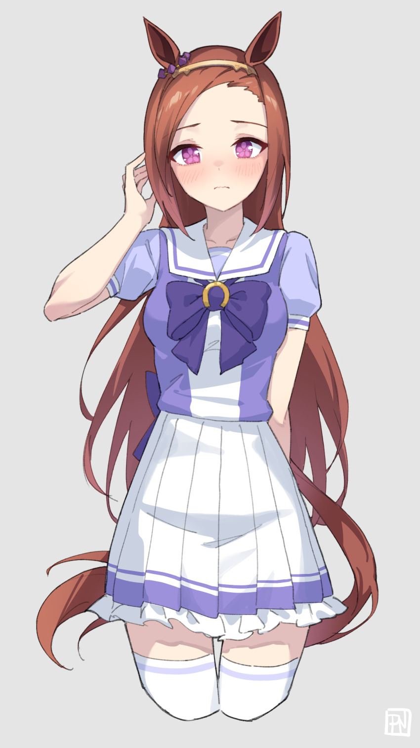 1girl absurdres animal_ears arm_behind_back blush brown_hair closed_mouth forehead highres horse_ears horse_girl horse_tail long_hair looking_at_viewer profnote purple_eyes purple_shirt sailor_collar sakura_bakushin_o_(umamusume) school_uniform shirt short_sleeves sidelocks skirt solo tail thighhighs tracen_school_uniform umamusume white_sailor_collar white_skirt white_thighhighs