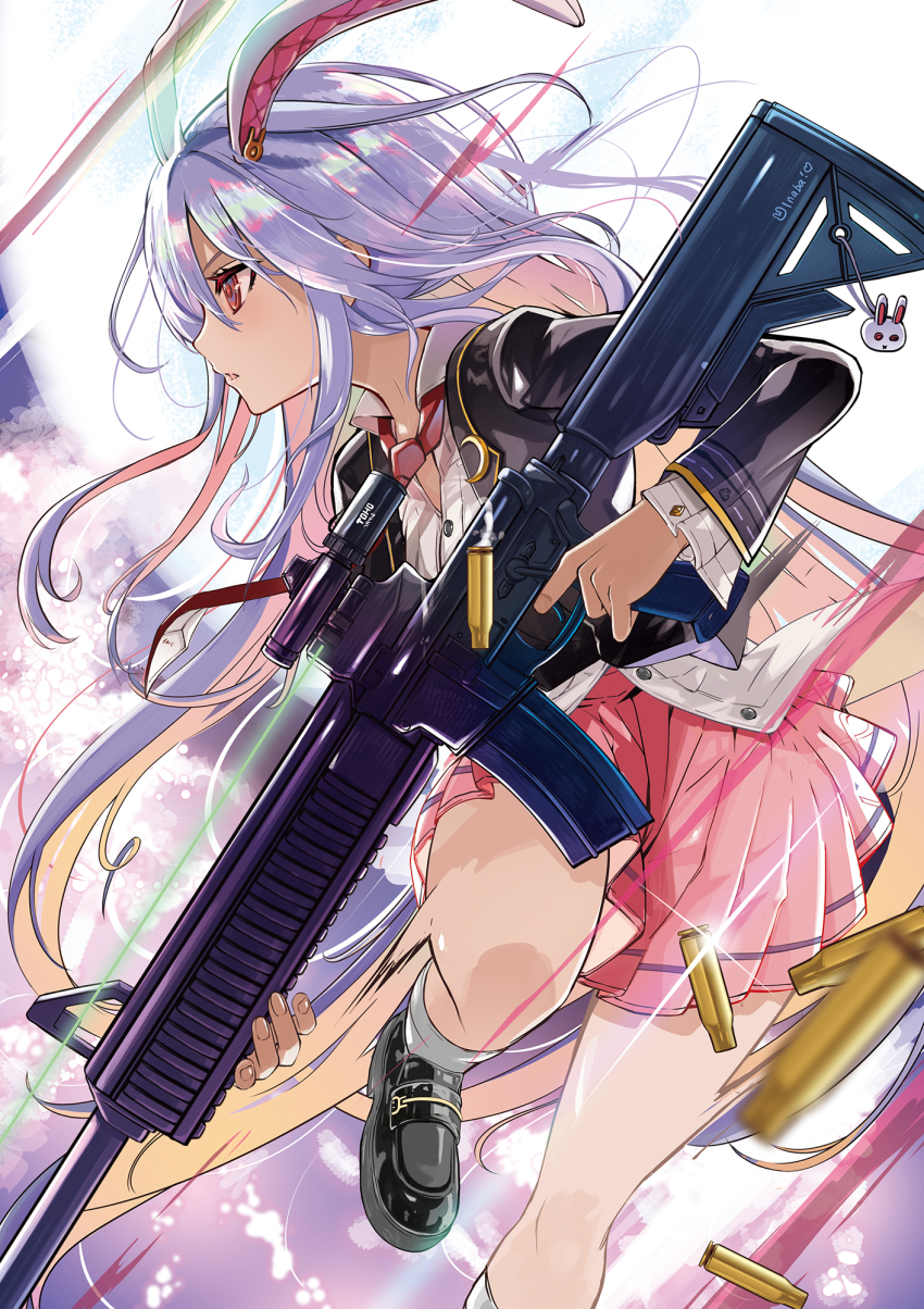 1girl animal_charm animal_ears assault_rifle black_jacket black_shoes charm_(object) commentary_request crescent crescent_pin fighting_stance foot_out_of_frame glint gun highres holding holding_gun holding_weapon jacket l.f. leg_up long_hair long_sleeves necktie open_clothes open_jacket parted_lips pink_skirt pleated_skirt profile purple_hair rabbit_charm rabbit_ears red_eyes red_necktie reisen_udongein_inaba rifle shell_casing shirt shoes skirt solo standing standing_on_one_leg touhou very_long_hair weapon weapon_request white_shirt