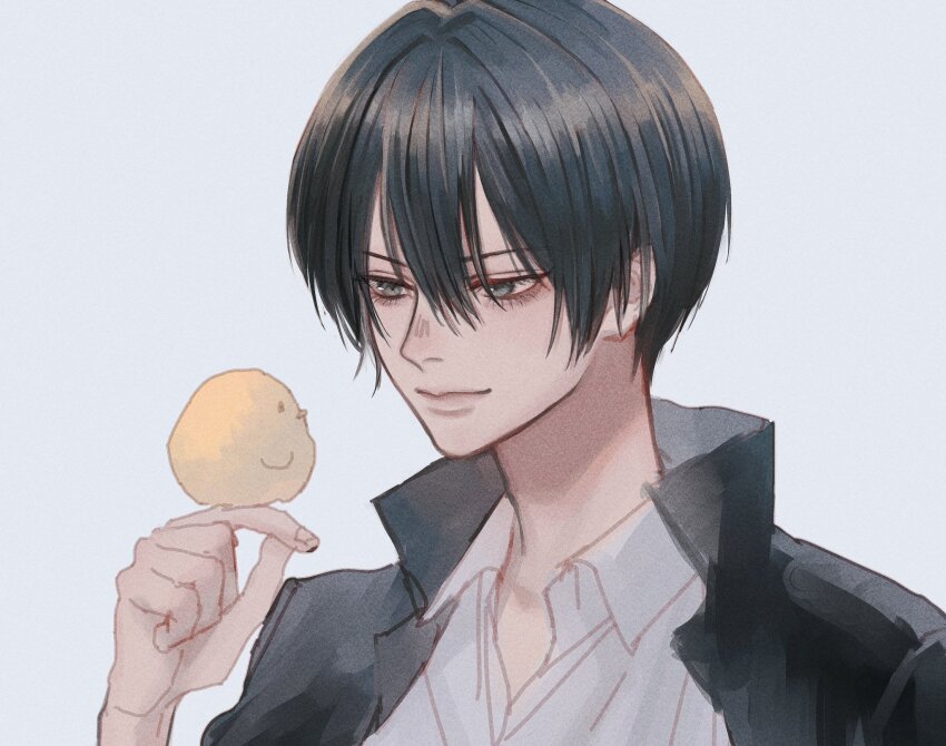 1boy animal arm_up bird bird_on_hand black_hair black_jacket chick closed_mouth collared_jacket commentary_request eyelashes fingernails grey_eyes hair_between_eyes hibari_kyouya highres jacket katekyo_hitman_reborn! kurosujuu male_focus open_clothes open_collar open_jacket popped_collar shirt short_hair simple_background smile solo upper_body white_background white_shirt wing_collar