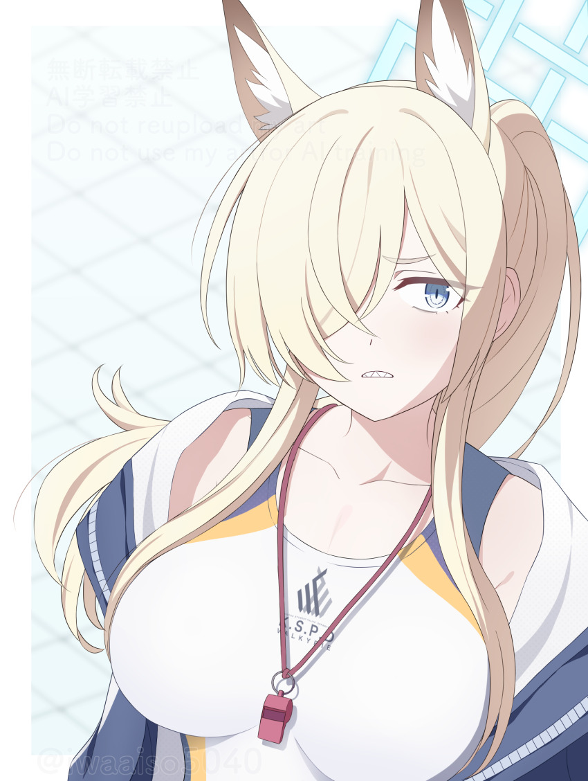 1girl animal_ear_fluff animal_ears bare_shoulders blonde_hair blue_archive blue_eyes blue_halo blurry blurry_background border breasts clenched_teeth collarbone commentary dog_ears dog_girl extra_ears floating_hair hair_over_one_eye halo highres impossible_clothes impossible_swimsuit iwaaiso5040 jacket kanna_(blue_archive) kanna_(swimsuit)_(blue_archive) large_breasts long_bangs long_hair looking_at_viewer official_alternate_costume official_alternate_hairstyle one-piece_swimsuit one_eye_covered open_clothes open_jacket outside_border ponytail rectangular_halo sharp_teeth sidelocks slit_pupils solo swimsuit teeth tsurime twitter_username upper_body v-shaped_eyebrows watermark whistle whistle_around_neck white_border white_one-piece_swimsuit