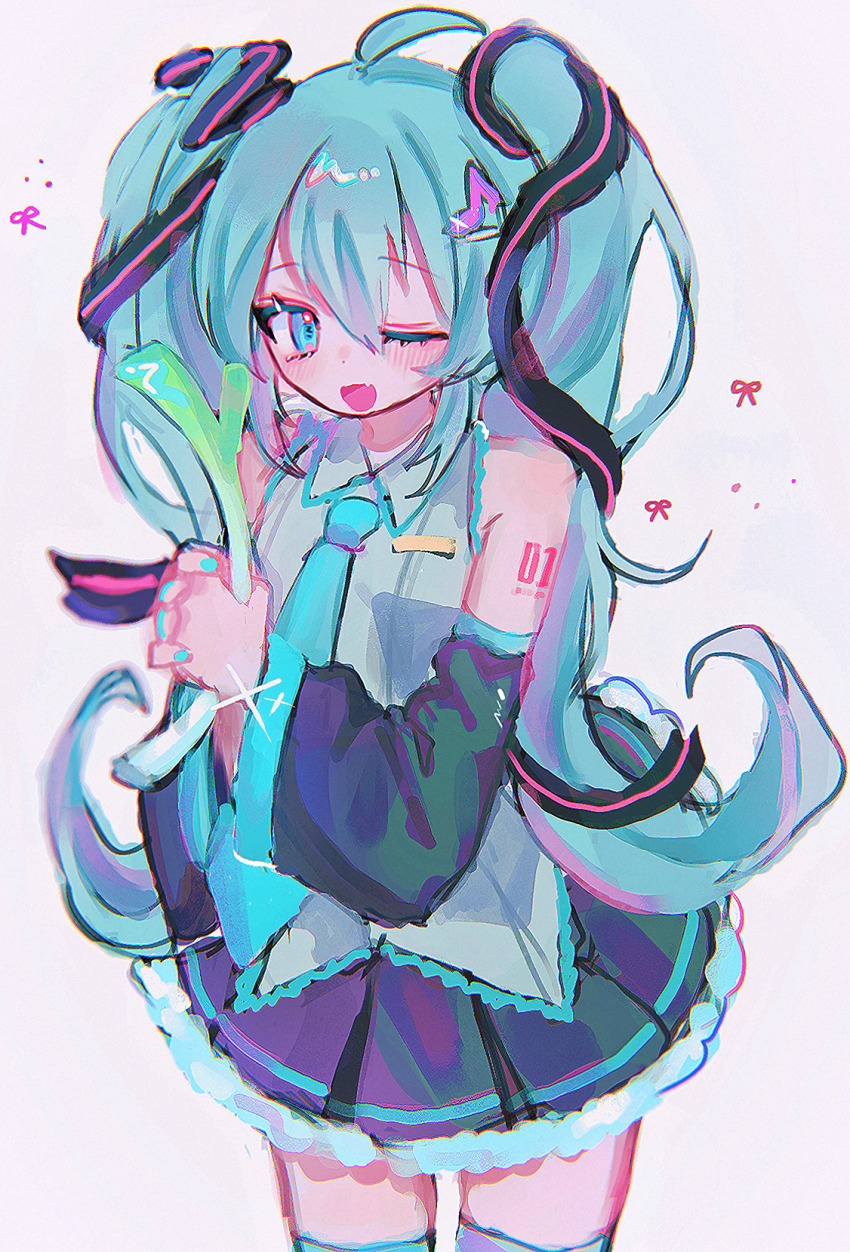 1girl 39 ;d ahoge aqua_hair aqua_nails aqua_necktie arm_tattoo black_skirt blush collared_shirt commentary fang food fortissimo grey_background grey_shirt hair_between_eyes hair_ornament hatsune_miku highres holding holding_food holding_spring_onion holding_vegetable long_hair miku_day morita_(pixiv31883607) musical_note musical_note_hair_ornament necktie number_tattoo one_eye_closed open_mouth shirt skirt sleeveless sleeveless_shirt smile solo spring_onion tattoo tongue twintails vegetable vocaloid