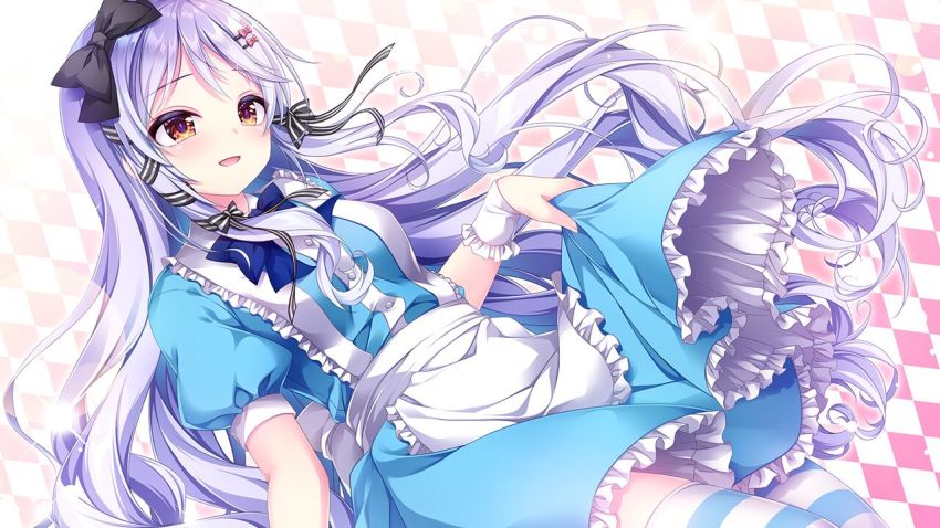 1girl apron argyle_background argyle_clothes black_bow blue_shirt blue_skirt bow dress_shirt floating_hair frilled_skirt frills game_cg hair_bow hair_ribbon hoshi_no_otome_to_rikka_no_shimai long_hair mutou_kurihito nanotaro pink_bow ribbon shirt short_sleeves skirt solo striped_clothes striped_ribbon striped_thighhighs thighhighs very_long_hair waist_apron white_apron white_hair wrist_cuffs yamabuki_alice yellow_eyes