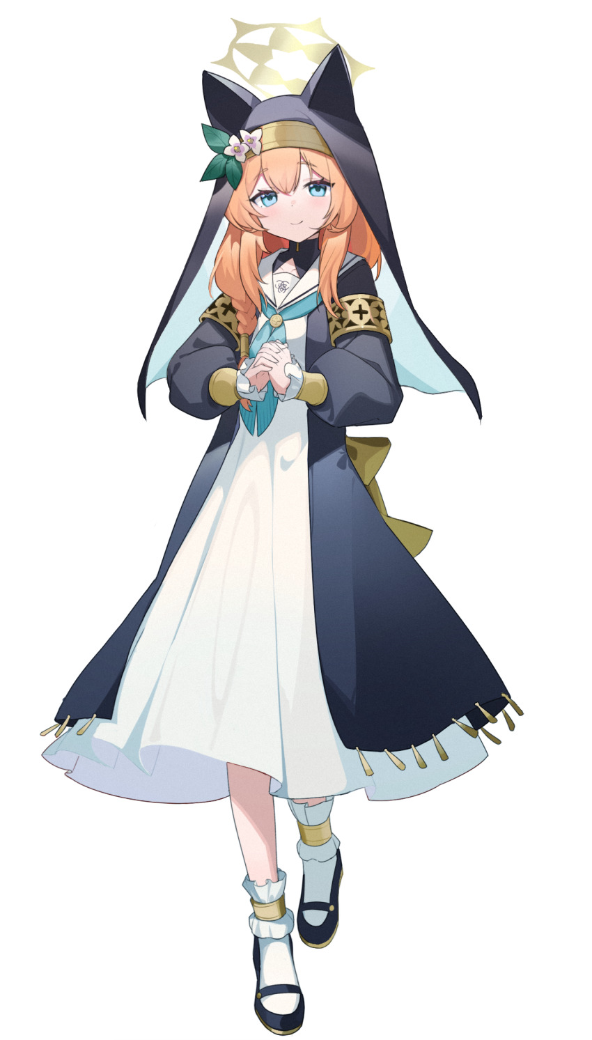 1girl animal_ear_headwear animal_ears black_shoes black_veil blue_archive blue_eyes blue_neckerchief bow braid cat_ears cat_girl commentary e_li_(77864296) fake_animal_ears flower frilled_sleeves frills full_body hair_flower hair_ornament hair_over_shoulder halo highres leaf_hair_ornament long_hair long_skirt long_sleeves mari_(blue_archive) mary_janes neckerchief nun orange_hair own_hands_together puffy_long_sleeves puffy_sleeves sailor_collar shoes simple_background single_braid skirt smile socks solo standing symbol-only_commentary trinity_general_school_logo turtleneck veil white_background white_flower white_sailor_collar white_socks yellow_bow yellow_halo