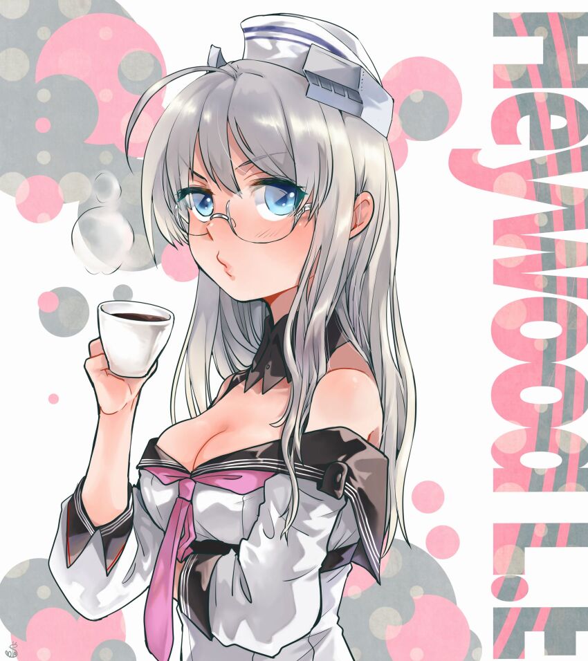 1girl ahoge blowing blue_eyes breasts character_name cleavage coffee cup glasses grey_hair hat heywood_l._edwards_(kancolle) highres holding holding_cup kantai_collection medium_breasts oeoeuhoho solo steam upper_body white_background
