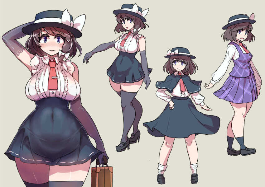 1girl adapted_costume ascot black_capelet black_footwear black_gloves black_headwear black_skirt black_socks black_thighhighs bow braid breasts capelet commentary cosplay elbow_gloves enajii gloves grey_background grey_eyes hat hat_bow high-waist_skirt high_heels highres large_breasts long_sleeves looking_at_viewer multiple_views plaid_clothes plaid_skirt plaid_vest purple_skirt purple_vest red_ascot ribbon-trimmed_capelet ribbon_trim shirt side_braid simple_background single_braid skirt socks thighhighs touhou usami_renko usami_sumireko usami_sumireko_(cosplay) vest white_bow white_shirt