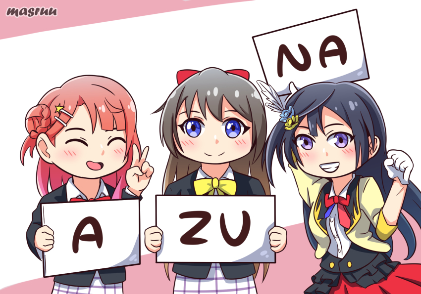 3girls aqua_eyes artist_name artist_request azuna_(love_live!) black_cardigan black_hair black_jacket black_skirt blue_eyes blue_hair blue_ribbon blush bow bowtie braid braided_bun breasts brown_hair buttons cardigan chase_(love_live!) checkered_clothes checkered_skirt clenched_hand closed_eyes collared_shirt dark_blue_hair dress_shirt earrings female_focus fingerless_gloves gloves grey_eyes hair_between_eyes hair_bow hair_bun hair_ornament hairclip half_gloves hat highres holding holding_sign jacket jewelry layered_skirt long_hair long_sleeves looking_at_viewer love_live! love_live!_nijigasaki_high_school_idol_club love_live!_school_idol_festival mini_hat mini_top_hat miniskirt multiple_girls necktie nijigasaki_school_uniform osaka_shizuku parted_lips plaid_clothes plaid_skirt pleated pleated_skirt ponytail puffy_short_sleeves puffy_sleeves purple_neckwear red_bow red_gloves red_hat red_shirt red_skirt red_vest ribbon school_uniform shirt short_sleeves side_bun side_ponytail sign single_side_bun skirt small_breasts smile sparkle_print star_(symbol) star_hair_ornament suspender_skirt suspenders teeth top_hat triangle_earrings uehara_ayumu v vest white_shirt white_skirt wing_collar yellow_bow yellow_buttons yellow_ribbon yuki_setsuna