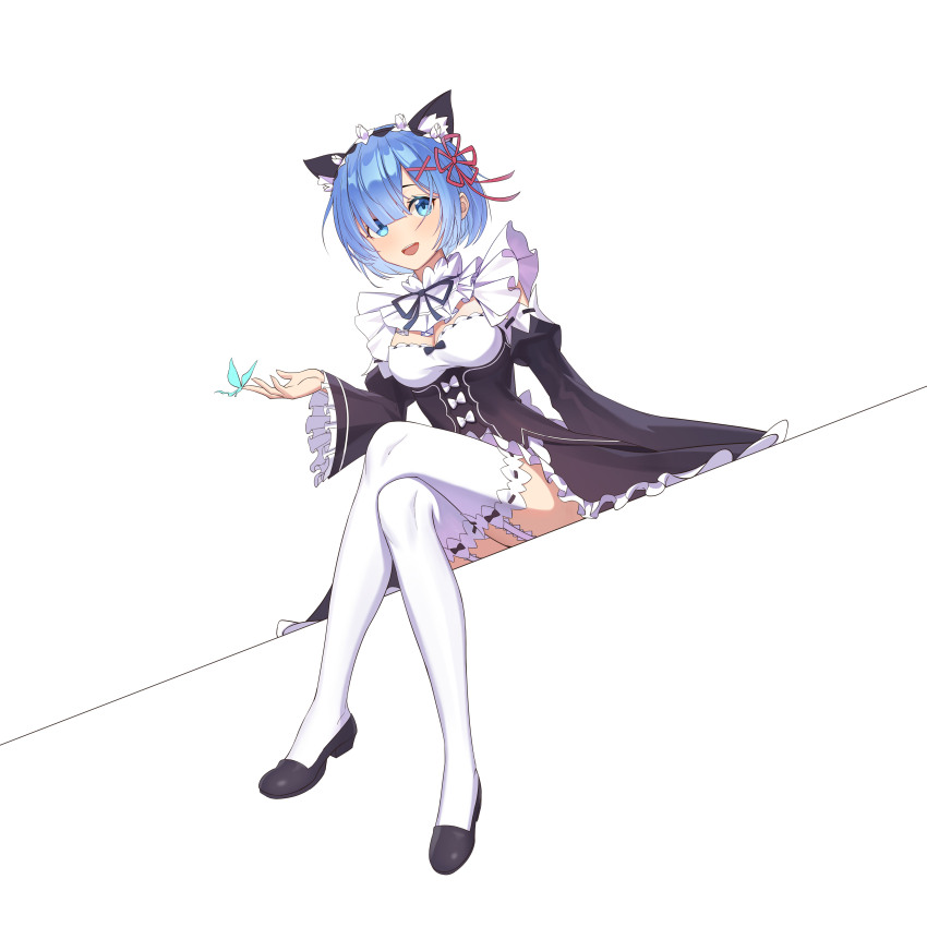 1girl absurdres blue_eyes blue_hair blush detached_sleeves frills hair_ornament highres maid open_mouth re:zero_kara_hajimeru_isekai_seikatsu rem_(re:zero) roswaal_mansion_maid_uniform short_hair smile solo thighhighs tutuxia white_background x_hair_ornament