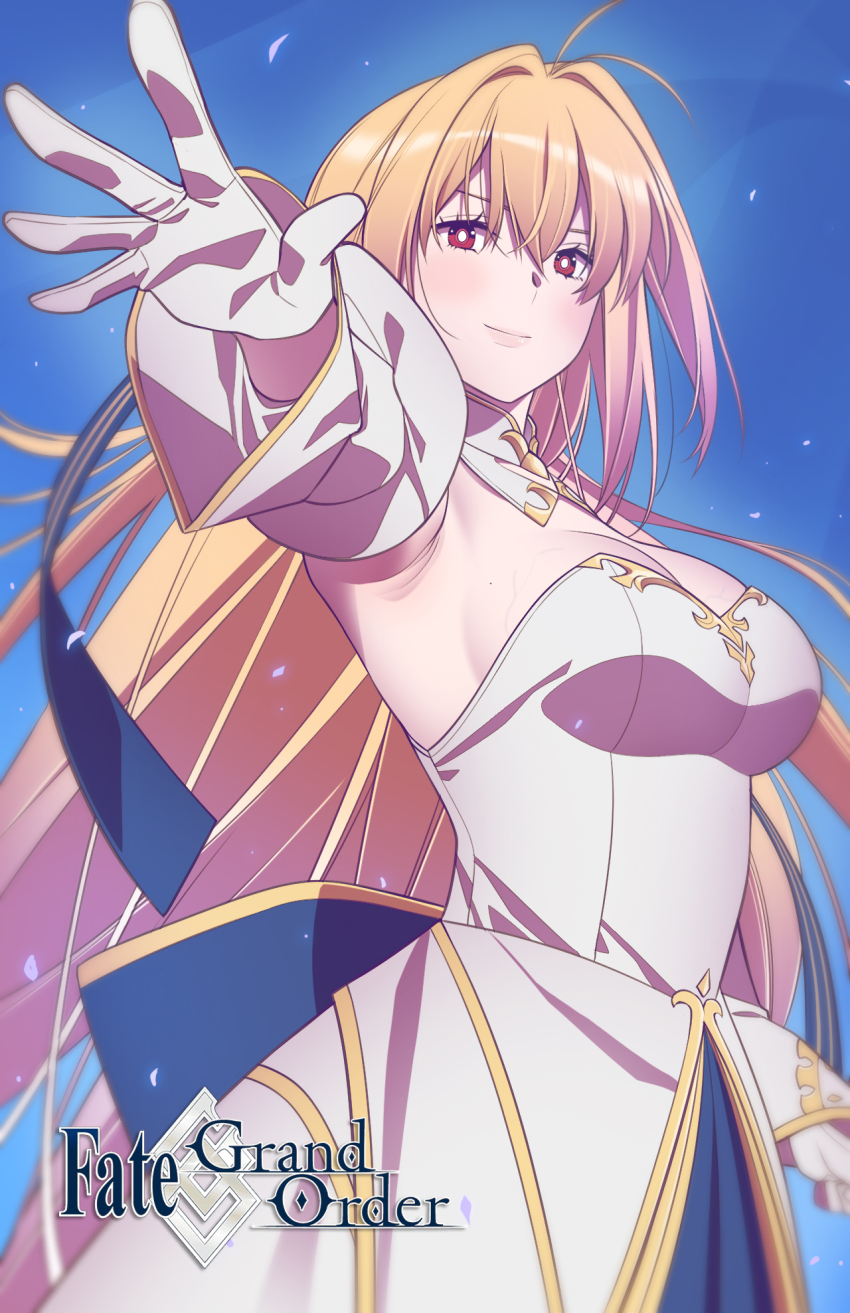 1girl andrian_januar_adilia antenna_hair archetype_earth arcueid_brunestud armpit_crease armpits blonde_hair breasts cleavage closed_mouth commentary commission copyright_name detached_collar detached_sleeves dress english_commentary fate/grand_order fate_(series) gloves hair_between_eyes hair_intakes highres long_hair looking_at_viewer medium_breasts mole mole_on_breast red_eyes solo standing strapless strapless_dress very_long_hair white_dress white_gloves white_sleeves