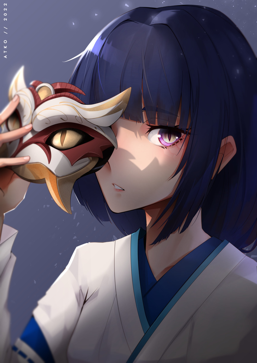 1girl absurdres artist_name black_hair blunt_bangs dark_background genshin_impact highres holding holding_mask japanese_clothes kimono looking_at_viewer mask miko one_eye_covered parted_lips purple_eyes short_hair slit_pupils snake_mask solo the_atko tsumi_(genshin_impact) white_kimono