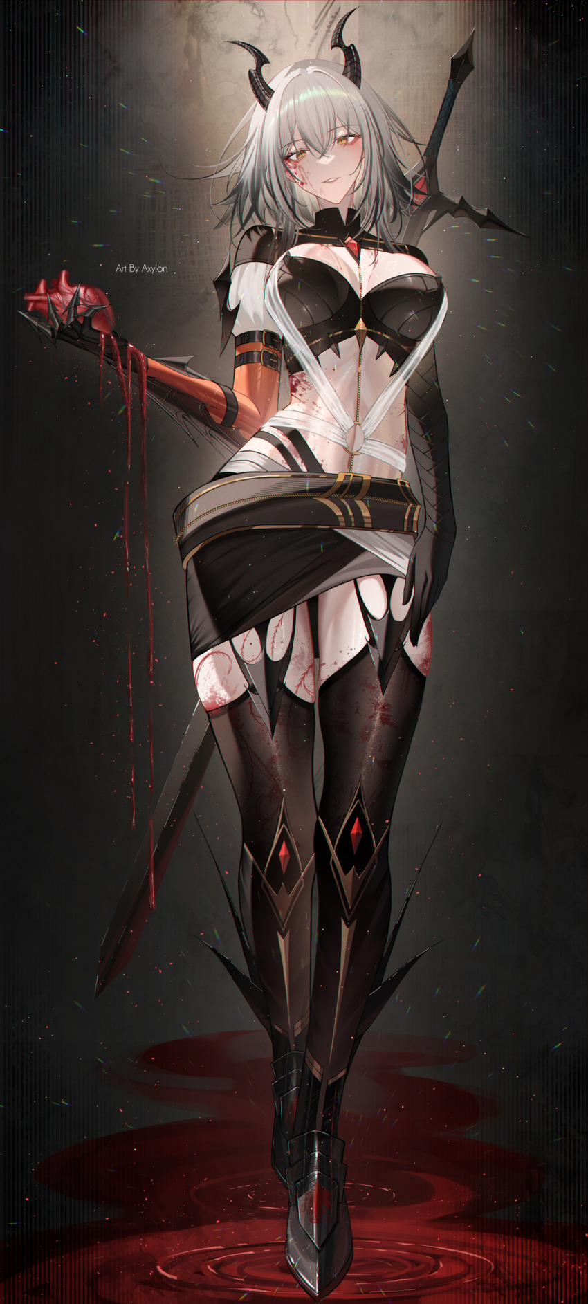 1girl absurdres arm_belt artist_name axylon black_bra black_horns black_skirt black_thighhighs blood blood_on_face bra breasts check_clothing clothing_request commentary commission english_commentary full_body hair_between_eyes heart_(organ) highres holding_heart_(organ) horns large_breasts looking_at_viewer original parted_lips skirt smile solo stomach sword sword_on_back thighhighs thighs underwear weapon weapon_on_back yellow_eyes