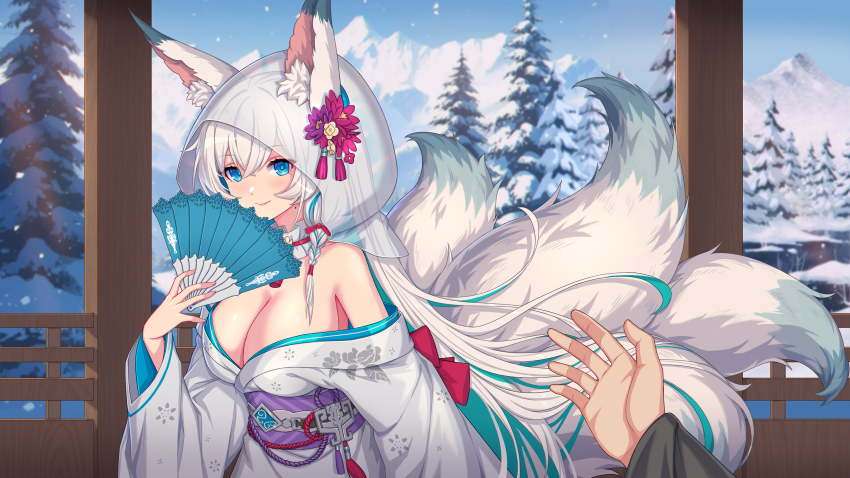 1girl animal_ear_fluff animal_ears breasts bride cleavage clover_theater colored_inner_hair folding_fan forest fox_ears fox_girl fox_tail green_hair hand_fan highres holding holding_fan japanese_clothes katsuya_(clover_theater) kimono kitsune kyuubi large_breasts long_hair looking_at_viewer mole mole_on_neck mountain multicolored_hair multiple_tails nairobi_song nature pov shiromuku smile snow solo_focus tail tree uchikake white_hair white_kimono white_tail
