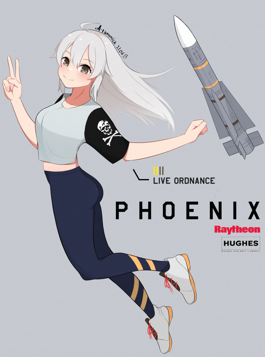 1girl ahoge aim-54_phoenix air-to-air_missile air-to-surface_missile artist_name atamonica beyond-visual-range_missile blush denim highres jeans long_hair looking_at_viewer military missile original pants precision-guided_munition shoes silver_hair smile sneakers v weapon