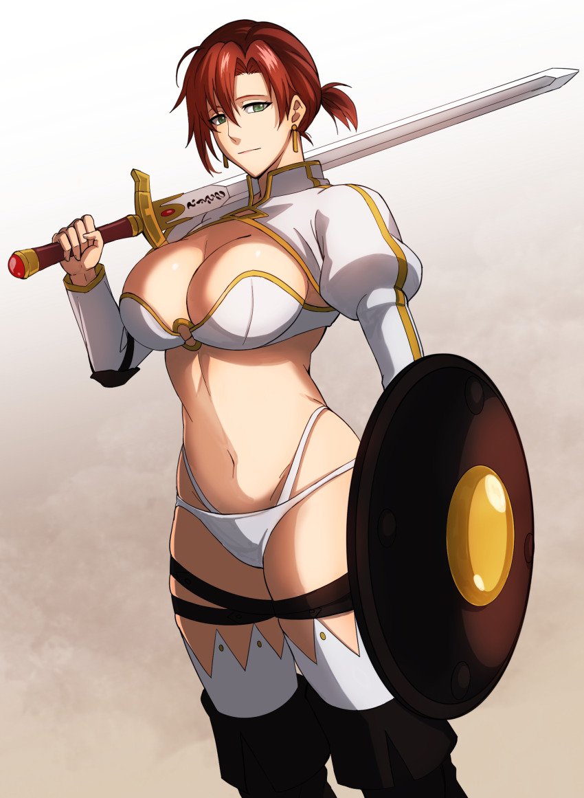 1girl absurdres armor bikini bikini_armor boots boudica_(fate) boudica_(first_ascension)_(fate) breasts cleavage fate/grand_order fate_(series) green_eyes hao718 highres large_breasts long_sleeves looking_at_viewer navel o-ring ponytail red_hair shield short_hair short_ponytail shrug_(clothing) swimsuit sword thigh_boots thigh_strap thighs weapon white_bikini