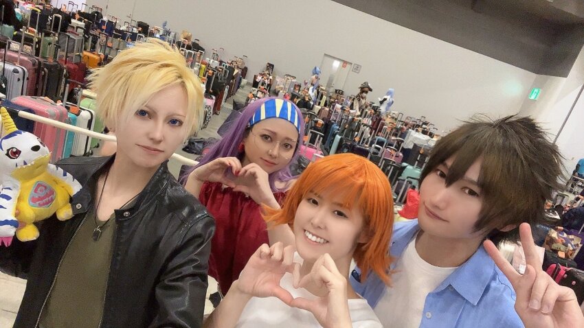 cosplay digimon gabumon glasses inoue_miyako inoue_miyako_(cosplay) ishida_yamato ishida_yamato_(cosplay) looking_at_viewer nail_polish photo_(medium) real_life smile takenouchi_sora takenouchi_sora_(cosplay) yagami_taichi yagami_taichi_(cosplay)
