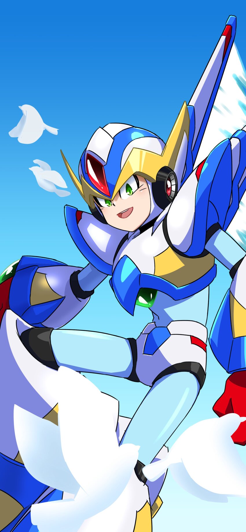 1boy absurdres android armor bird blue_sky chest_jewel clenched_hands falcon_armor_x_(mega_man) flying forehead_jewel gloves gradient_background green_eyes helmet highres hiyoko_ai jewelry looking_at_viewer mechanical_wings mega_man_(series) mega_man_x5 mega_man_x_(series) open_mouth red_gloves robot robot_ears shoulder_armor sky smile solo teeth upper_teeth_only white_armor white_helmet white_wings winged_helmet wings x_(mega_man)