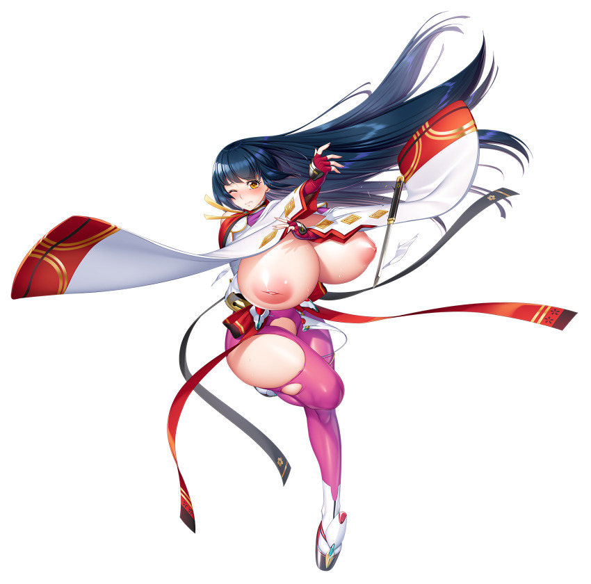 1girl aoi_nagisa_(metalder) ass bare_legs blue_hair bodysuit breasts breasts_out brown_eyes curvy embarrassed female_focus fingerless_gloves fingernails floating_hair full_body gigantic_breasts gloves highres hime_cut holding holding_weapon impossible_bodysuit impossible_clothes inverted_nipples japanese_clothes jumping lilith-soft long_hair looking_at_viewer mikami_chizu miko nipples official_art one_eye_closed open_mouth revealing_clothes shiny_clothes shiny_skin solo sweat taimanin_(series) taimanin_rpgx taimanin_suit thick_thighs thighs torn_clothes very_long_hair weapon wide_hips yellow_eyes