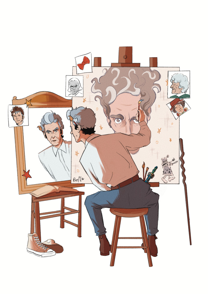 1boy belt black_hair blue_pants brown_belt canvas_(object) collared_shirt commentary denim doctor_who easel english_commentary first_doctor_(doctor_who) fourth_doctor_(doctor_who) full_body grey_eyebrows grey_hair highres holding holding_brush jeans long_sleeves looking_at_mirror mirror multicolored_hair open_mouth painting_(action) painting_(object) pants rumple04 shirt shoes short_hair sitting sneakers tenth_doctor_(doctor_who) the_doctor_(doctor_who) third_doctor_(doctor_who) triple_self-portrait_(norman_rockwell) twelfth_doctor_(doctor_who) two-tone_hair unworn_shoes very_short_hair white_shirt wooden_stool