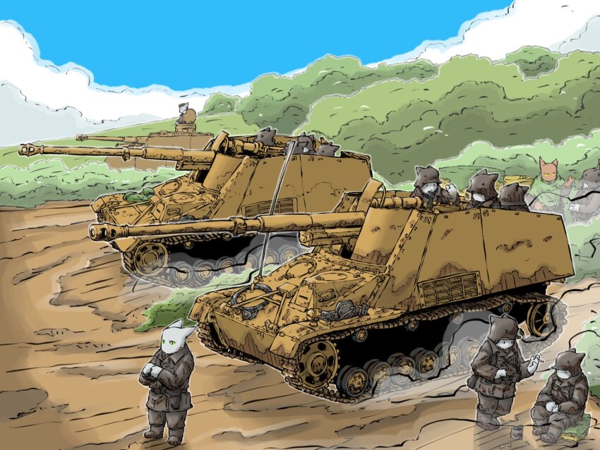 6+boys blue_sky bush cannon caterpillar_tracks combat_helmet day grass helmet highres hill military_vehicle motor_vehicle multiple_boys nashorn_spg original panzer_iv radio_antenna sky soldier stahlhelm tank turretless_tank yabarn