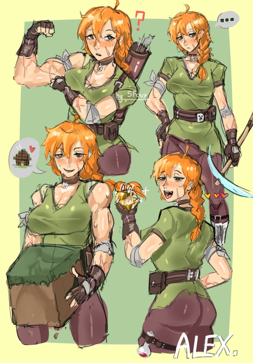 1girl alex_(minecraft) apple arrow_(projectile) artist_name back bandages bare_shoulders belt border breasts character_name english_text facing_back fingerless_gloves flexing food fruit gloves golden_apple grass_block green_background green_border heterochromia highres looking_at_viewer looking_to_the_side medium_breasts minecraft open_mouth pickaxe potion quiver scar sfour_s4 smile solo speech_bubble sweat