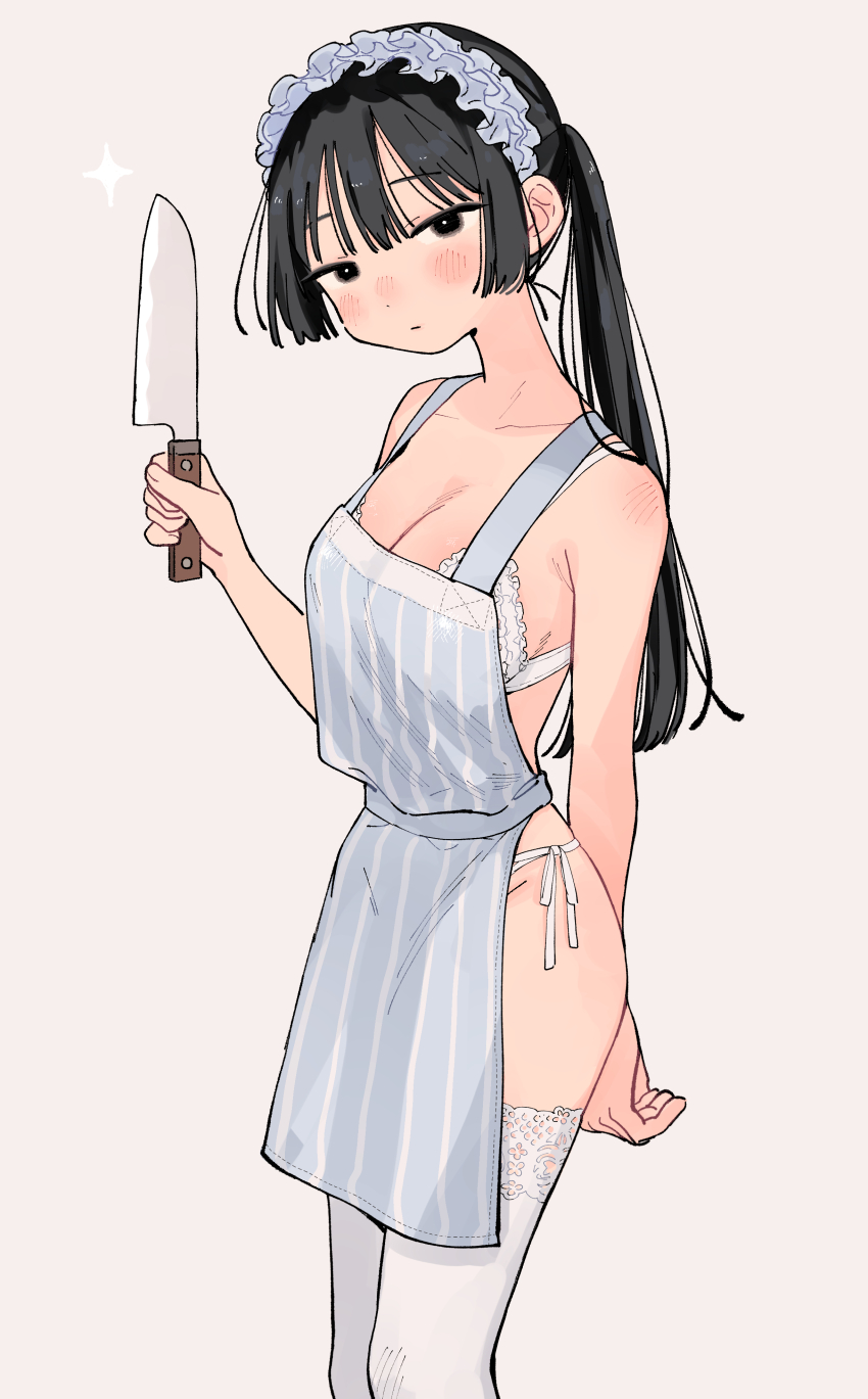 1girl absurdres apron bare_shoulders black_hair blush breasts cleavage closed_mouth collarbone dress highres holding long_hair looking_at_viewer miyama_(kannsannn) original small_breasts solo standing thighhighs twintails white_apron