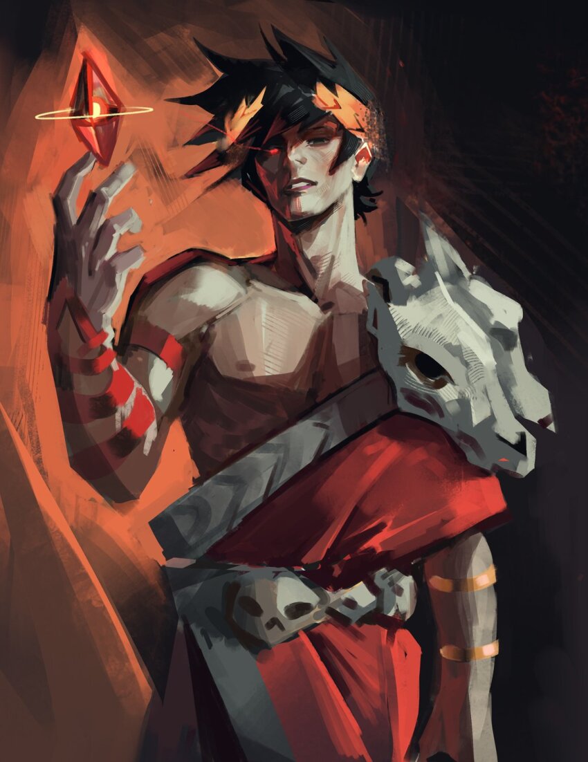 1boy black_hair black_sclera clenched_teeth colored_sclera eye_trail gem greco-roman_clothes green_eyes hades_(series) hades_1 hand_up heterochromia highres impasto kaerruu laurel_crown light_trail male_focus mismatched_sclera muscular muscular_male partially_shaded_face red_eyes red_gemstone short_hair single_bare_shoulder skull teeth zagreus_(hades)