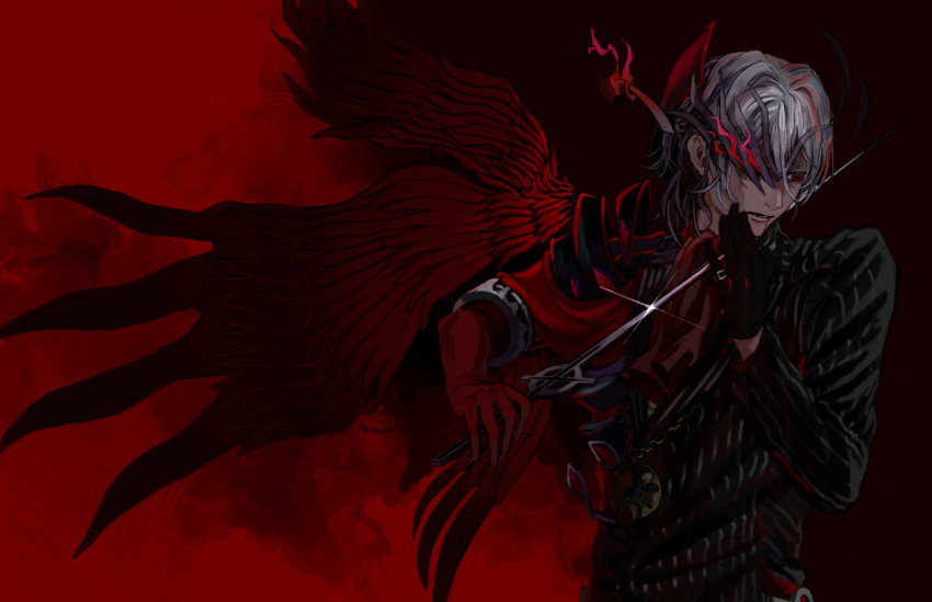 1boy antonio_salieri_(fate) antonio_salieri_(first_ascension)_(fate) antonio_salieri_(second_ascension)_(fate) ascot black_gloves black_jacket collared_shirt fate/grand_order fate_(series) formal_clothes gloves holding jacket long_sleeves looking_to_the_side male_focus neckwear_request pinstripe_pattern red_ascot red_background ringo_2000 shirt short_hair simple_background solo striped suit transformation upper_body white_hair white_shirt