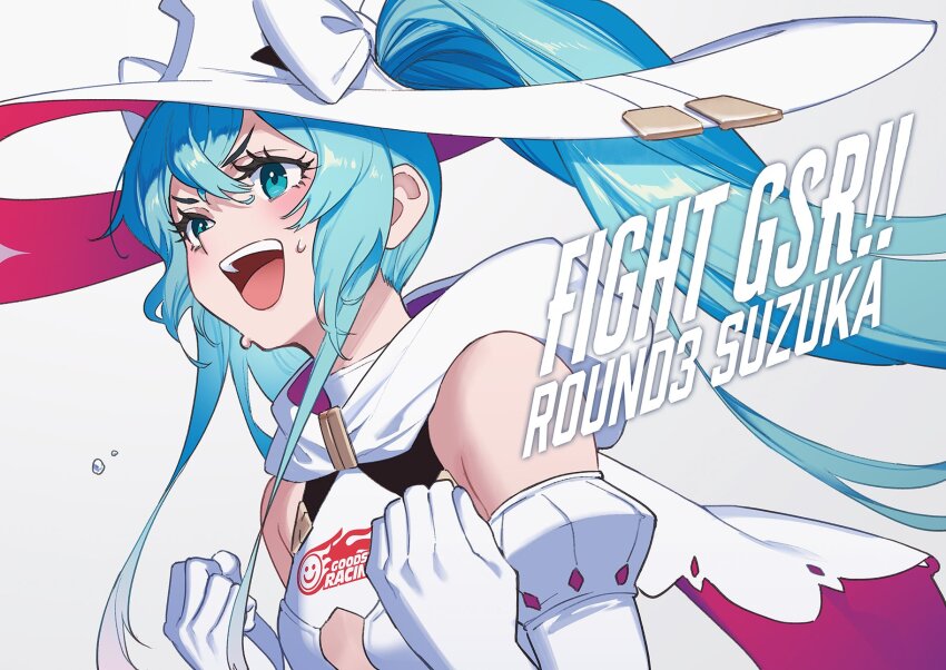 1girl :d aqua_eyes aqua_hair bare_shoulders bow cape cleavage_cutout clenched_hand clothing_cutout copyright_name cropped_shoulders crossed_bangs detached_sleeves double-parted_bangs floating_hair goodsmile_racing grey_background hair_between_eyes hair_bow hat hatsune_miku highres hood leaning_forward logo_print long_sidelocks mogumo open_mouth puffy_detached_sleeves puffy_sleeves racing_miku racing_miku_(2024) shirt sidelocks simple_background sleeveless sleeveless_shirt smile super_gt sweat three_quarter_view twintails v-shaped_eyebrows vocaloid w_arms white_cape witch_hat