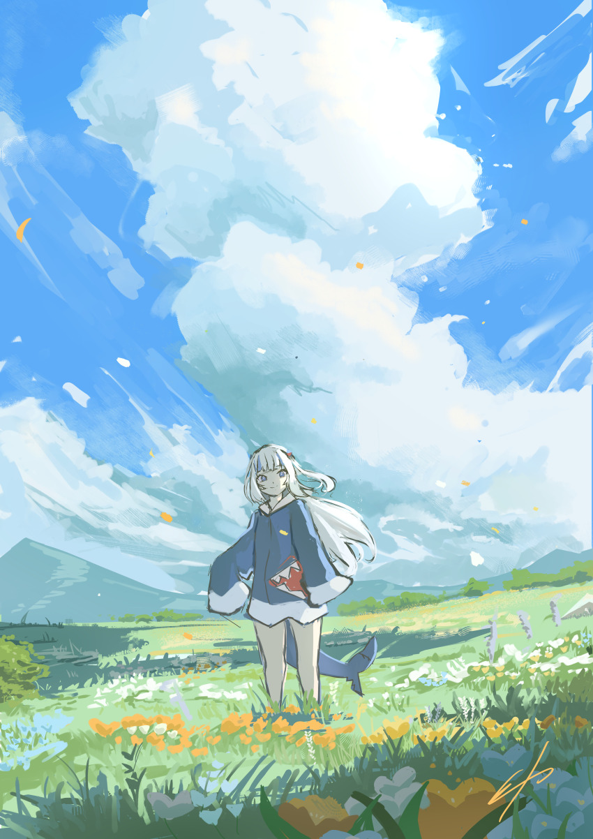 1girl absurdres alternate_hair_length alternate_hairstyle arm_at_side blue_eyes blue_flower blue_hair blue_hoodie blue_sky closed_mouth cloud commentary cumulonimbus_cloud day english_commentary erroz_(errozthewhite) falling_petals field fins fish_tail flower flower_field gawr_gura gawr_gura_(1st_costume) grass hair_ornament highres hololive hololive_english hood hoodie long_hair long_sleeves looking_at_viewer mountainous_horizon multicolored_hair outdoors petals scenery shark_girl shark_tail sky sleeves_past_fingers sleeves_past_wrists smile solo speedpaint standing streaked_hair tail two_side_up virtual_youtuber white_flower white_hair wide_shot wide_sleeves wind yellow_flower