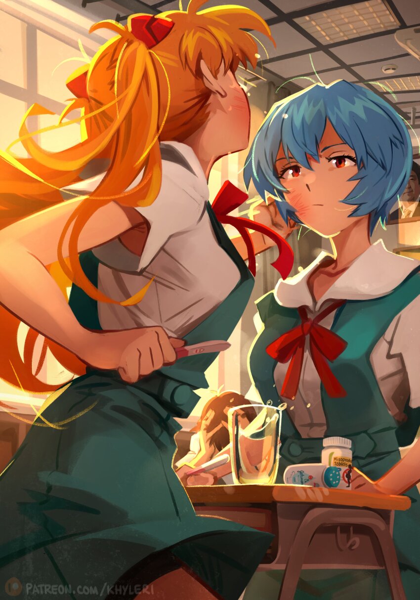 1boy 2girls :| abe_shinzou absurdres armpit_crease armpit_peek armpits ayanami_rei blue_hair brown_hair closed_mouth commentary cup desk english_commentary expressionless highres holding holding_pregnancy_test ikari_shinji implied_pregnancy indoors khyle. looking_at_another multiple_girls neon_genesis_evangelion orange_hair pill_bottle portrait_(object) pregnancy_test red_eyes school_desk school_uniform short_hair slap_mark slap_mark_on_face slapping souryuu_asuka_langley tokyo-3_middle_school_uniform twintails water