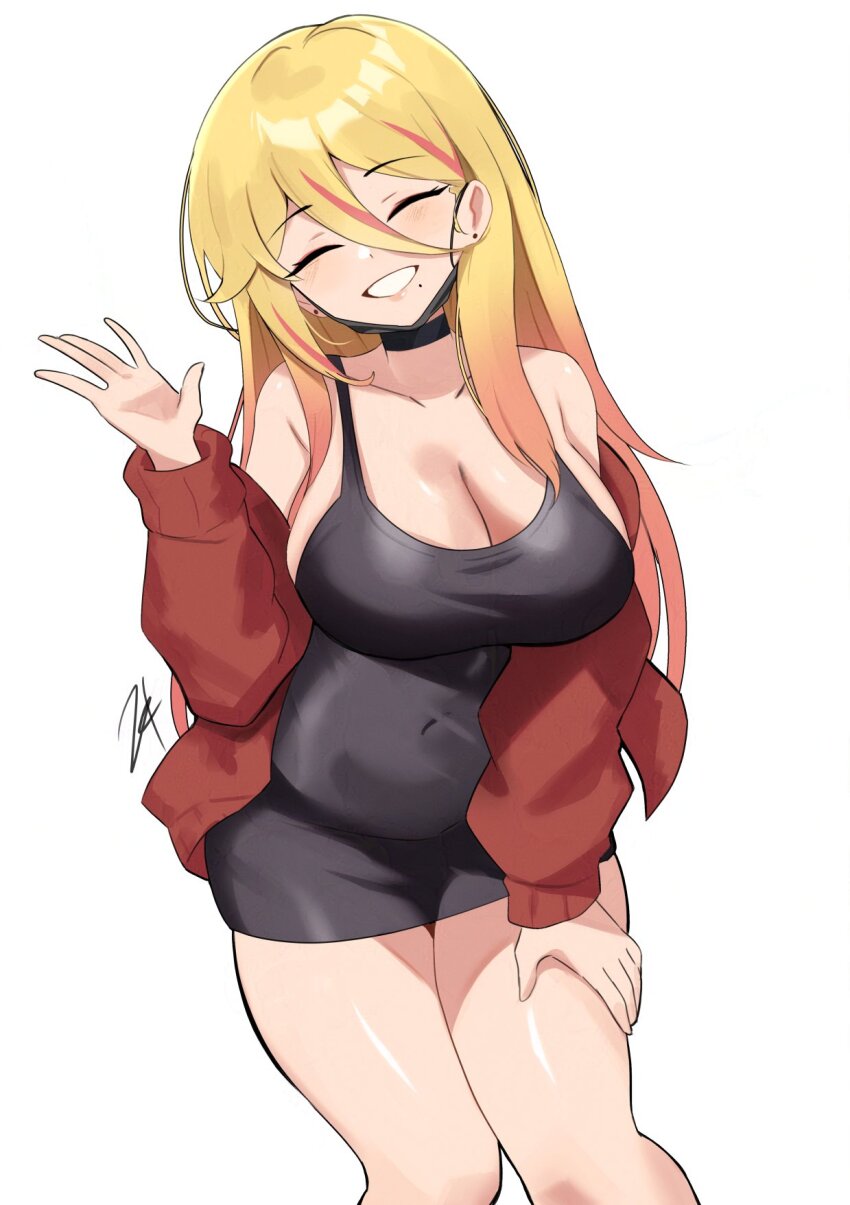 1girl black_choker black_dress blonde_hair breasts cardigan choker cleavage covered_navel dress facing_viewer grin highres large_breasts long_hair mole mole_under_mouth navel open_cardigan open_clothes original red_cardigan simple_background smile solo waving white_background yuzu_(twt_zet) zet_(twt_zet)