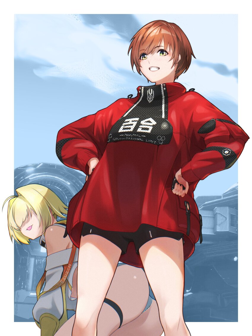2girls absurdres ahoge ass blonde_hair brown_hair cloud cloudy_sky crossover elegg_(nikke) fingerless_gloves fune_(fune83ojj) gloves goddess_of_victory:_nikke hair_over_eyes hands_on_own_hips highres lily_artemis_ii_(stellar_blade) looking_afar looking_ahead multiple_girls outdoors red_shirt shift_up shirt short_hair sky stellar_blade thigh_strap thighs white_shirt