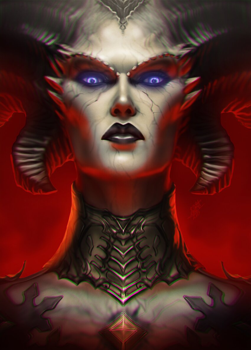 1girl absurdres black_lips blue_eyes demon_girl demon_horns diablo_(series) diablo_4 glowing glowing_eyes highres horns kodiart96 lilith_(diablo) looking_at_viewer pale_skin portrait red_background