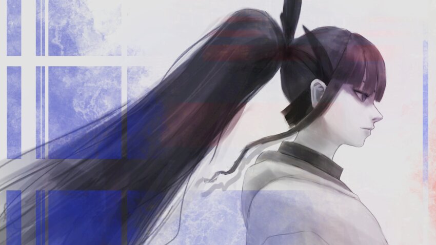 1girl artemis_of_the_blue atelier_live black_eyes black_hair blunt_bangs from_side hair_ribbon hashtag-only_commentary highres hood hood_down hoodie long_hair ponytail ribbon shark_fin shark_girl sidelocks solo veygudtek virtual_youtuber white_hoodie