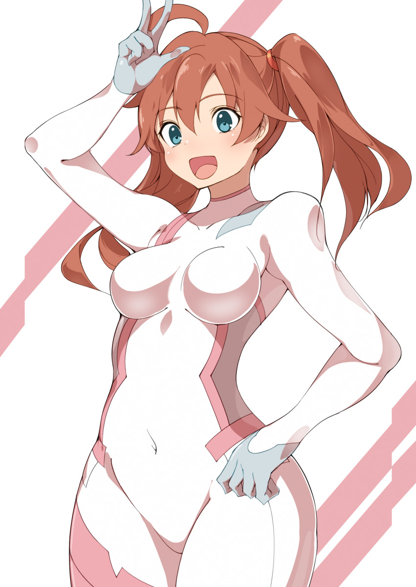 1girl :d absurdres ahoge aqua_eyes bodysuit breasts brown_hair commentary_request covered_navel darling_in_the_franxx female_focus hair_between_eyes hand_on_own_hip highres mecha_pilot_suit medium_breasts miku_(darling_in_the_franxx) open_mouth parasite_suit_(darling_in_the_franxx) short_hair sia_namsbinpeni smile solo twintails v white_bodysuit