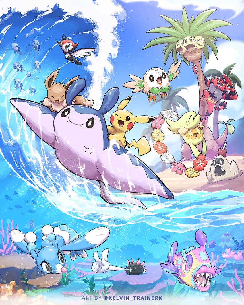 ;d alolan_exeggutor alolan_form black_eyes bright_pupils brionne bruxish closed_mouth cloud comfey commentary day eevee fish gen_1_pokemon gen_2_pokemon gen_7_pokemon highres incineroar kelvin-trainerk mantine nintendo one_eye_closed open_mouth outdoors partially_underwater_shot pikachu pikipek pokemon pokemon_(creature) pyukumuku rowlet sand sandygast sky smile tree twitter_username water watermark waving white_pupils wishiwashi