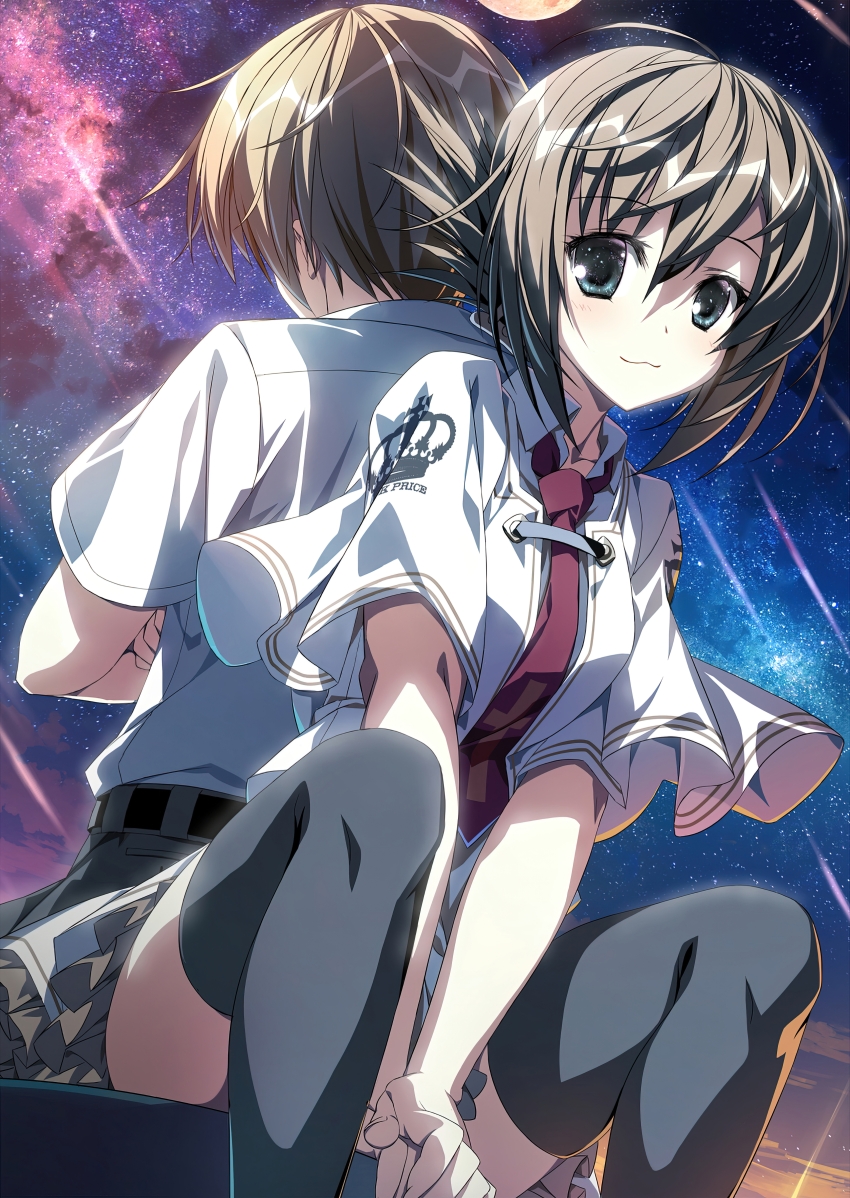 +_+ 1boy 1girl :3 absurdres back-to-back between_legs black_thighhighs blonde_hair brown_hair capelet closed_mouth collared_shirt cowboy_shot cross cross_print crossed_arms crown_print frilled_skirt frills full_moon grey_pants hair_bun hand_between_legs highres light_smile looking_at_viewer mamiya_takuji moon necktie non-web_source outdoors pants print_capelet print_necktie red_necktie school_uniform shirt short_hair short_sleeves sitting skirt sky source_request star_(sky) starry_sky subarashiki_hibi sunset suzuri_(tennenseki) tachibana_kimika thighhighs very_short_hair white_capelet white_shirt white_skirt