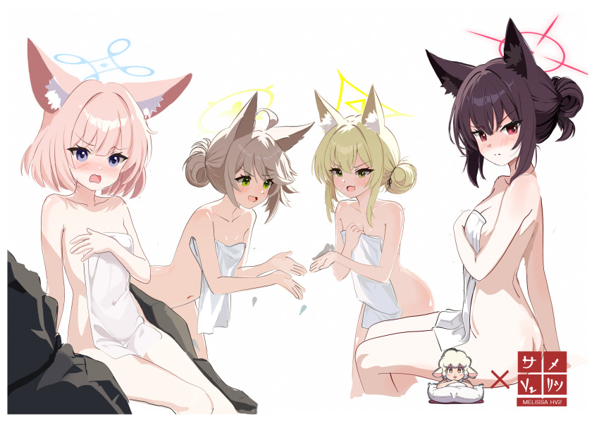 4girls :d absurdres alternate_hairstyle animal_ear_fluff animal_ears ass bilingual_commentary black_hair blonde_hair blue_archive blue_eyes blue_halo blunt_bangs blush breasts brown_hair closed_mouth commentary covered_navel covering_breasts covering_privates embarrassed english_commentary fang feet_out_of_frame fox_ears fox_girl fox_platoon_(blue_archive) frown green_eyes hair_between_eyes hair_bun halo highres invisible_chair kurumi_(blue_archive) leaning_forward looking_at_another looking_at_viewer medium_hair melissa_v2 mixed-language_commentary multiple_girls naked_towel niko_(blue_archive) nose_blush open_mouth otogi_(blue_archive) pink_hair red_eyes red_halo same-sex_bathing shared_bathing sidelocks simple_background single_hair_bun sitting skin_fang smile towel v-shaped_eyebrows white_background yellow_halo yukino_(blue_archive)