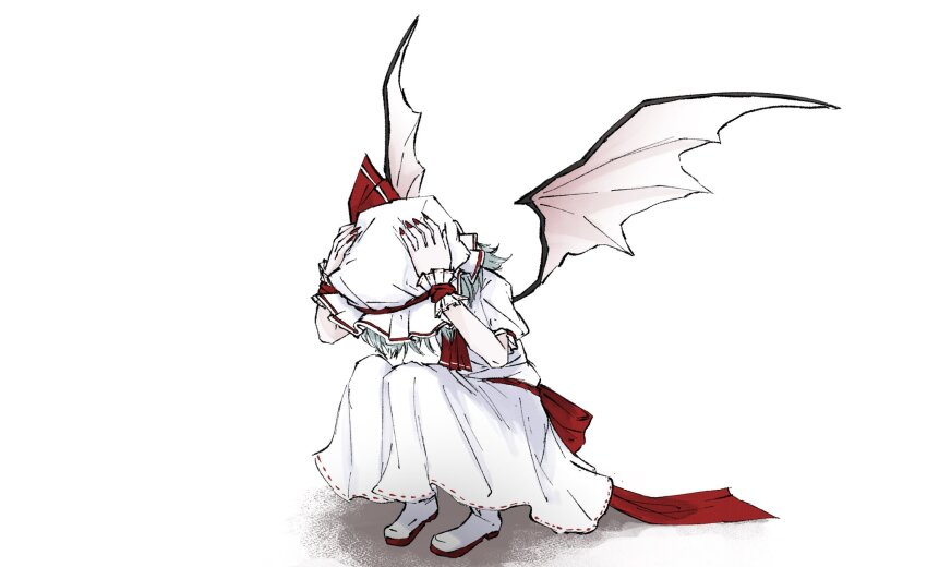 1girl aizettonagi ascot bat_wings charisma_guard covering_head cowering full_body hands_on_headwear hands_on_own_head hat hat_ribbon highres mob_cap puffy_short_sleeves puffy_sleeves red_ascot red_nails red_ribbon remilia_scarlet ribbon short_hair short_sleeves simple_background solo squatting touhou white_background wings wrist_cuffs