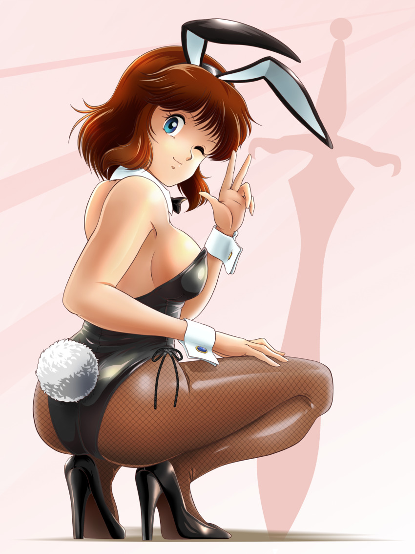 1girl animal_ears ass black_bow black_bowtie blue_eyes bow bowtie brown_hair daicon daicon_bunny_girl daicon_iv detached_collar fake_animal_ears fishnet_pantyhose fishnets highres leotard one_eye_closed pantyhose playboy_bunny rabbit_ears rabbit_tail short_hair solo squatting sword tail tamanegiinyo v weapon wrist_cuffs