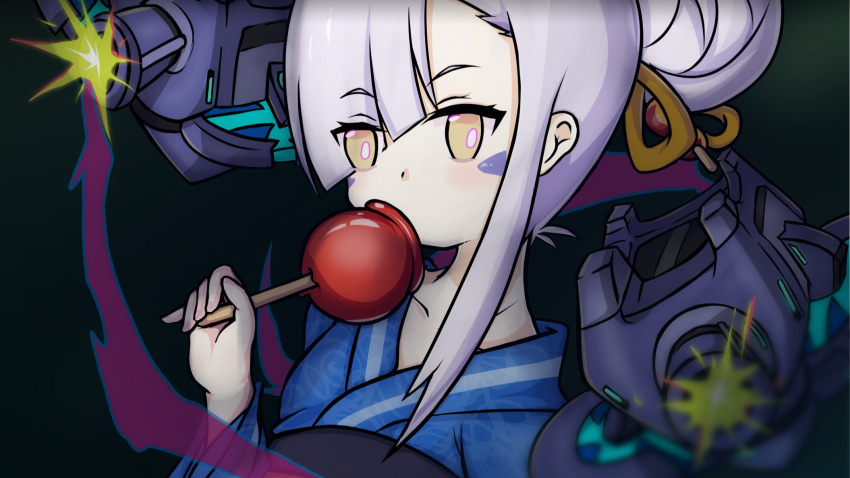 1girl black_background blue_kimono blurry bright_pupils candy_apple covered_mouth depth_of_field eyelashes food hair_bun highres japanese_clothes kimono lav_(world_flipper) looking_at_viewer mwm5 solo upper_body white_pupils wide_sleeves world_flipper yellow_eyes