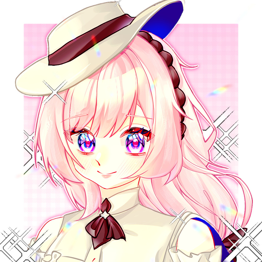 1girl blue_eyes border chinese_commentary commentary_request dress elysia_(honkai_impact) elysia_(sweet_memories)_(honkai_impact) hat honkai_(series) honkai_impact_3rd long_hair looking_at_viewer official_alternate_costume pink_background pink_hair smile solo tilted_headwear very_long_hair white_border white_dress white_hat yingjingxue90662