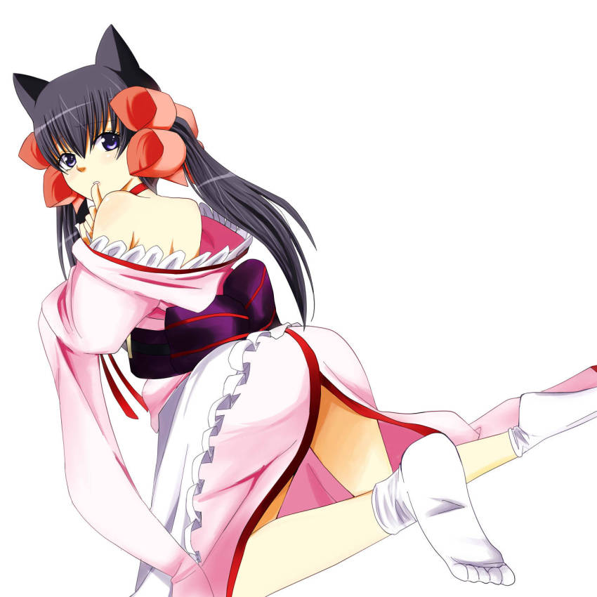 1girl animal_ears bad_id bad_pixiv_id bare_shoulders black_hair blue_eyes blush bow female_focus hair_ribbon highres hijiri_tsukasa_(hijiri-tukasa) japanese_clothes kneeling long_hair looking_back open_mouth otome_youkai_zakuro pink_bow ribbon socks solo white_socks zakuro zakuro_(otome_youkai_zakuro)