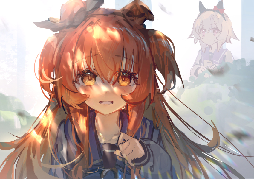 2girls absurdres animal_ears blurry blurry_background blush breasts clenched_teeth commentary_request curren_chan_(umamusume) grey_hair hair_ornament headband highres horse_girl looking_at_viewer mayano_top_gun_(umamusume) multiple_girls orange_eyes orange_hair portrait school_uniform teeth tracen_school_uniform umamusume white_background yu_hydra